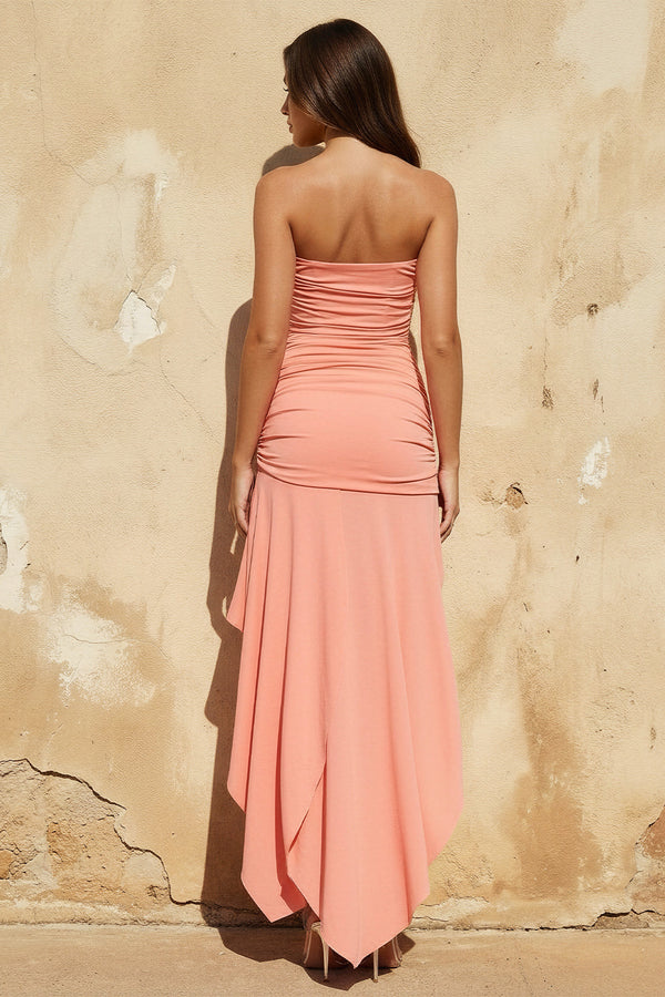 Sheisme-Coral Strapless Ruched Sheath Asymmetric Cocktail Evening Dress