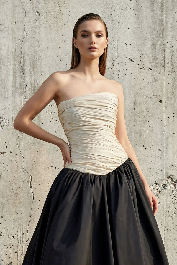 Strapless Ruched Bodice Gown in Black and Ivory - SHE IS ME PROM DRESSES
