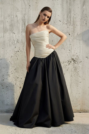Strapless Ruched Bodice Gown in Black and Ivory - SHE IS ME PROM DRESSES