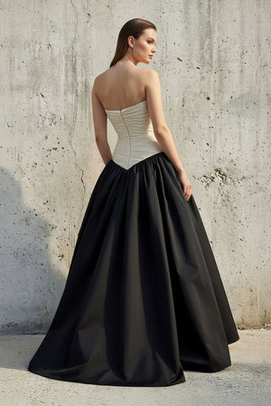 Strapless Ruched Bodice Gown in Black and Ivory - SHE IS ME PROM DRESSES