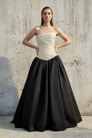 Strapless Ruched Bodice Gown in Black and Ivory - SHE IS ME PROM DRESSES