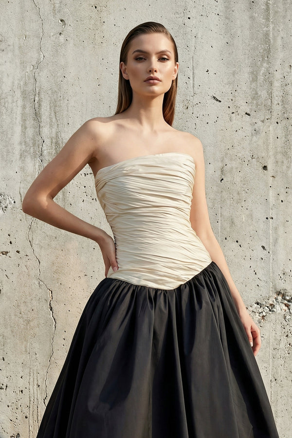 Sheisme - Strapless Ruched Bodice Gown in Black and Ivory