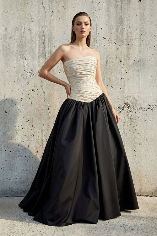 Sheisme - Strapless Ruched Bodice Gown in Black and Ivory