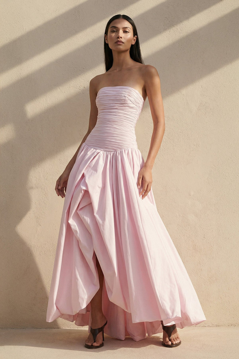 Strapless Ruched Bubble Hem Gown in Pink - SHE IS ME PROM DRESSES
