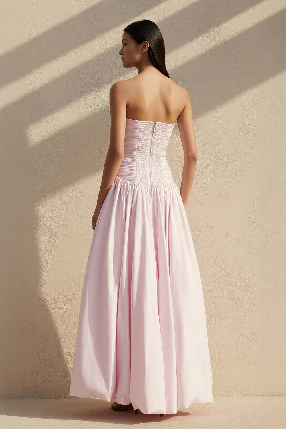 Strapless Ruched Bubble Hem Gown in Pink - SHE IS ME