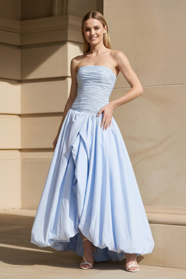 Strapless Ruched Bubble Hem Gown in Sky Blue - SHE IS ME PROM DRESSES