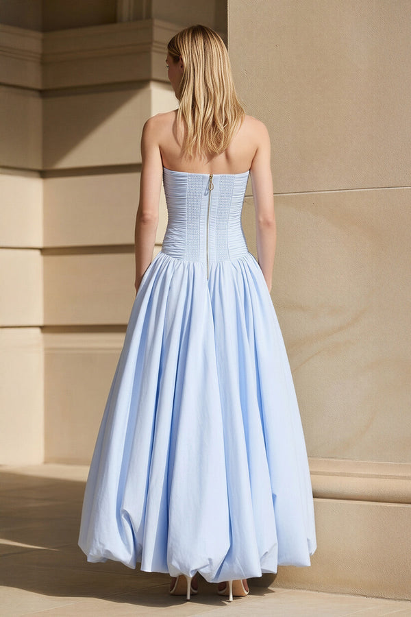 Strapless Ruched Bubble Hem Gown in Sky Blue - SHE IS ME PROM DRESSES