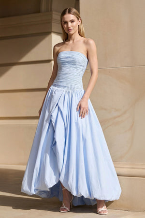 Strapless Ruched Bubble Hem Gown in Sky Blue - SHE IS ME PROM DRESSES