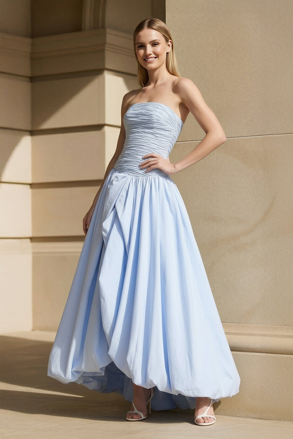 Strapless Ruched Bubble Hem Gown in Sky Blue - SHE IS ME PROM DRESSES