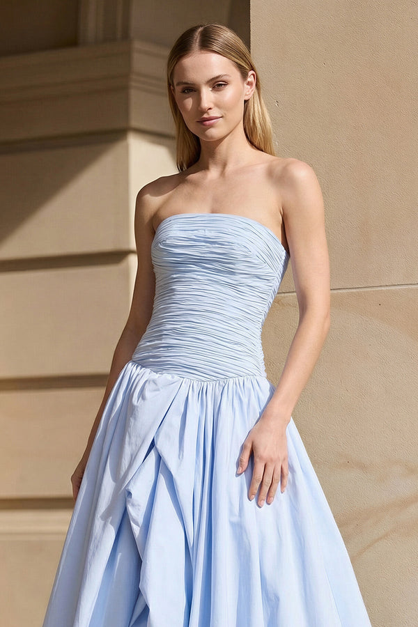 Strapless Ruched Bubble Hem Gown in Sky Blue - SHE IS ME PROM DRESSES