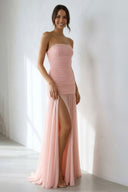 Strapless Ruched Gown With Slit in Blush Pink - SHE IS ME