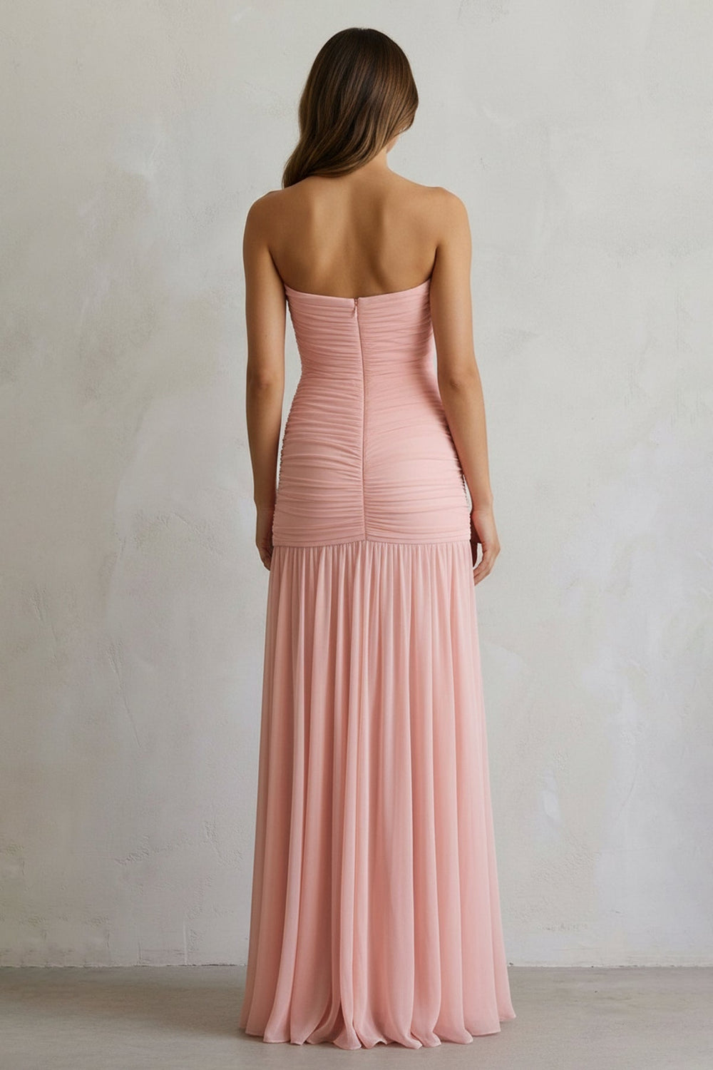 Strapless Ruched Gown With Slit in Blush Pink - SHE IS ME PROM DRESSES