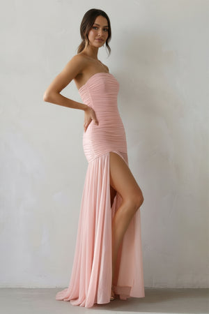 Sheisme-Blush Pink Strapless Sheath Pleated Maxi Evening Formal Dress