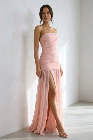 Sheisme-Blush Pink Strapless Sheath Pleated Maxi Evening Formal Dress