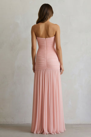 Sheisme-Blush Pink Strapless Sheath Pleated Maxi Evening Formal Dress