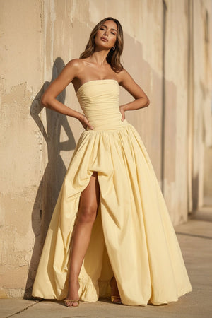 Strapless Ruched Gown With Slit in Yellow - SHE IS ME