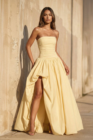 Strapless Ruched Gown With Slit in Yellow - SHE IS ME