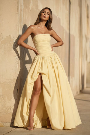 Strapless Ruched Gown With Slit in Yellow - SHE IS ME PROM DRESSES