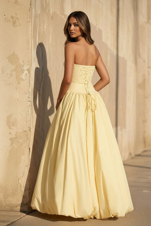 Strapless Ruched Gown With Slit in Yellow - SHE IS ME PROM DRESSES
