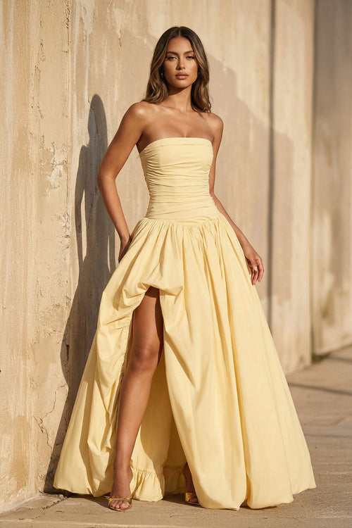 Sheisme-Yellow Taffeta Strapless Pleated A-Line Maxi Evening Formal Dress