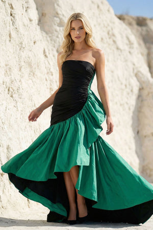 Strapless Ruched High - Low Gown in Black and Emerald Green - SHE IS ME