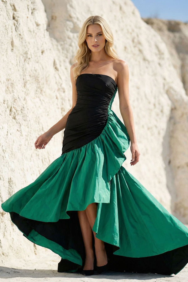Strapless Ruched High - Low Gown in Black and Emerald Green - SHE IS ME