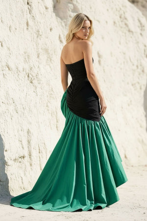 Strapless Ruched High - Low Gown in Black and Emerald Green - SHE IS ME
