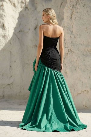 Strapless Ruched High - Low Gown in Black and Emerald Green - SHE IS ME