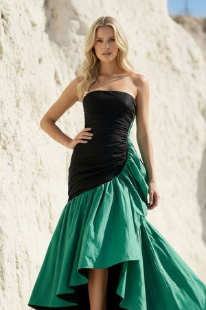 Strapless Ruched High - Low Gown in Black and Emerald Green - SHE IS ME