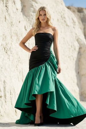Strapless Ruched High - Low Gown in Black and Emerald Green - SHE IS ME