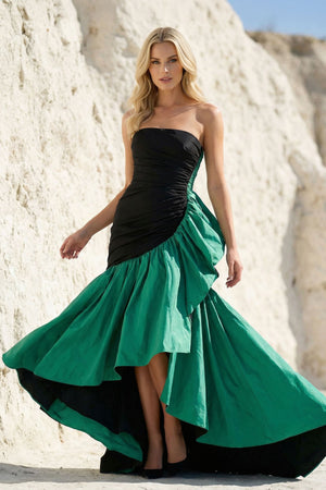 Sheisme-Black Green Taffeta Strapless Mermaid High-Low Evening Formal Dress
