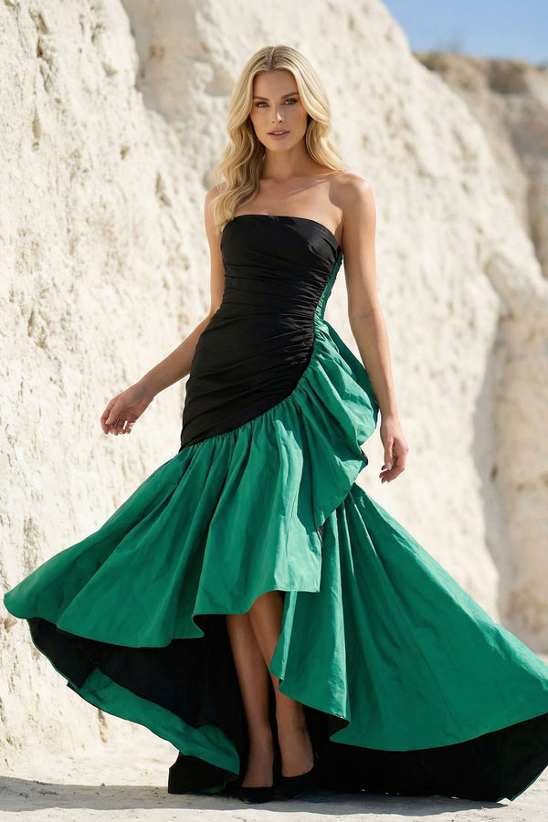 Sheisme-Black Green Taffeta Strapless Mermaid High-Low Evening Formal Dress
