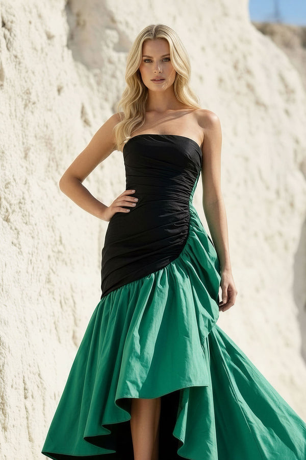 Sheisme-Black Green Taffeta Strapless Mermaid High-Low Evening Formal Dress