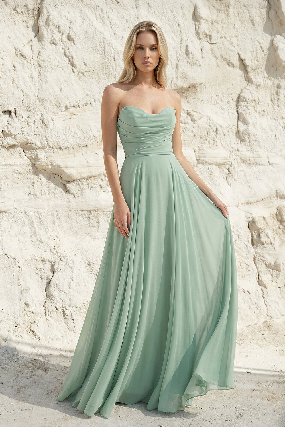 Strapless Ruched Maxi Dress in Mint Green - SHE IS ME