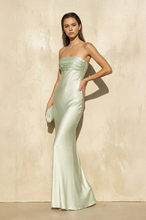 Strapless Ruched Maxi Dress in Mint Green - SHE IS ME