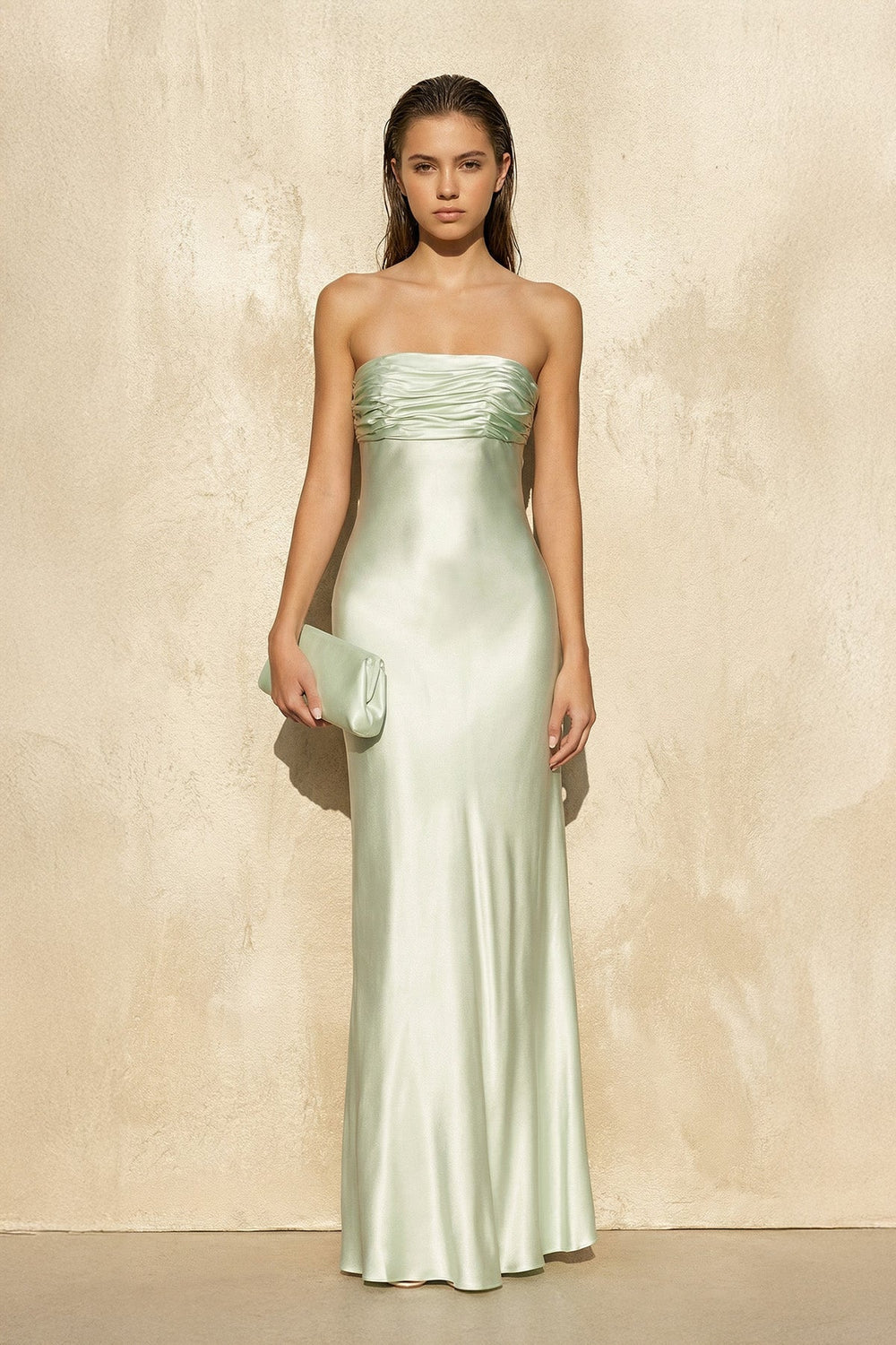 Strapless Ruched Maxi Dress in Mint Green - SHE IS ME