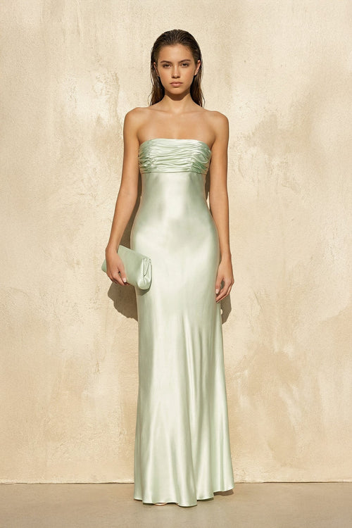 Strapless Ruched Maxi Dress in Mint Green - SHE IS ME
