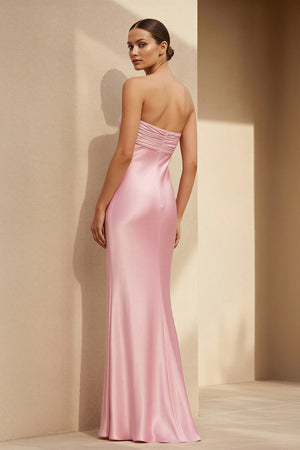 Strapless Ruched Maxi Dress in Pink - SHE IS ME PROM DRESSES