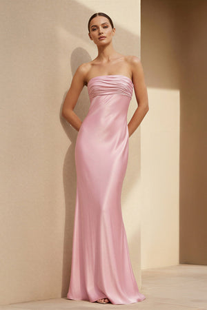 Strapless Ruched Maxi Dress in Pink - SHE IS ME PROM DRESSES