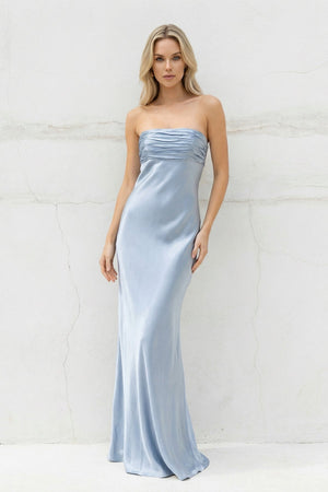 Strapless Ruched Maxi Dress in Sky Blue - SHE IS ME