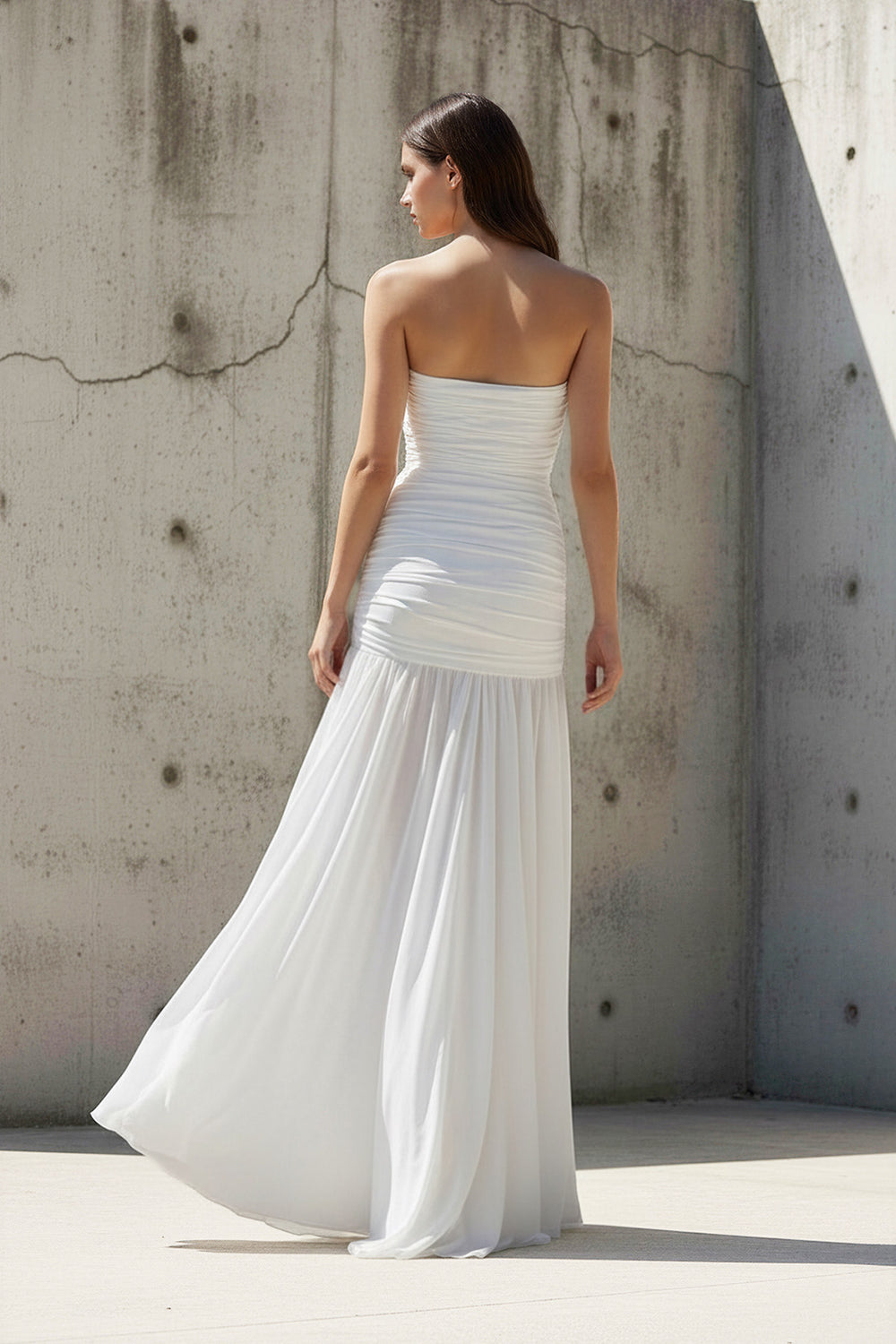 Sheisme-White Chiffon Strapless Sheath Maxi Pleated Evening Formal Dress