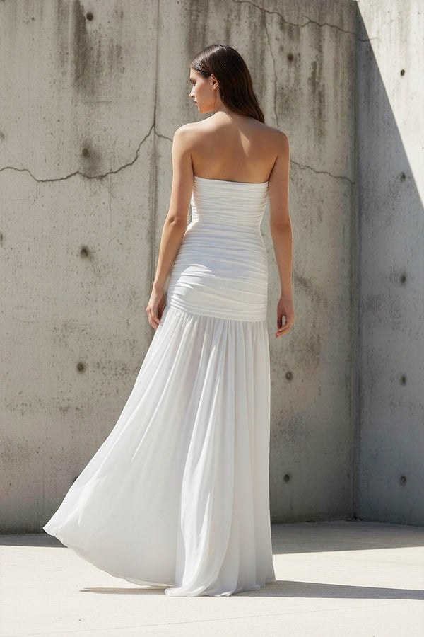 Sheisme-White Chiffon Strapless Sheath Maxi Pleated Evening Formal Dress