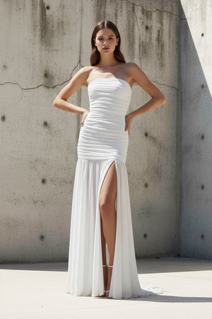 Sheisme-White Chiffon Strapless Sheath Maxi Pleated Evening Formal Dress