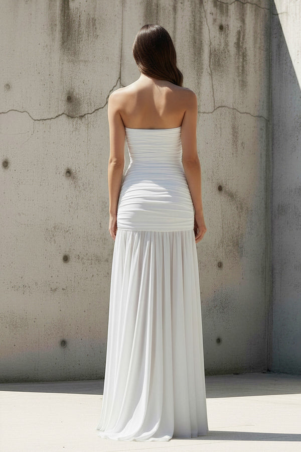 Sheisme-White Chiffon Strapless Sheath Maxi Pleated Evening Formal Dress