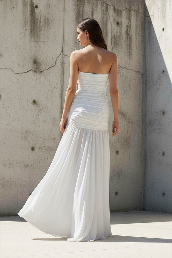 Strapless Ruched Maxi Dress in White - SHE IS ME PROM DRESSES