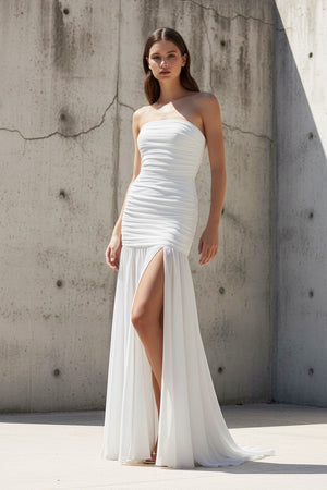 Sheisme-White Chiffon Strapless Sheath Maxi Pleated Evening Formal Dress