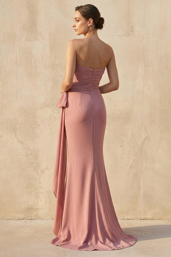Strapless Ruched Maxi Dress With Bow in Mulberry - SHE IS ME