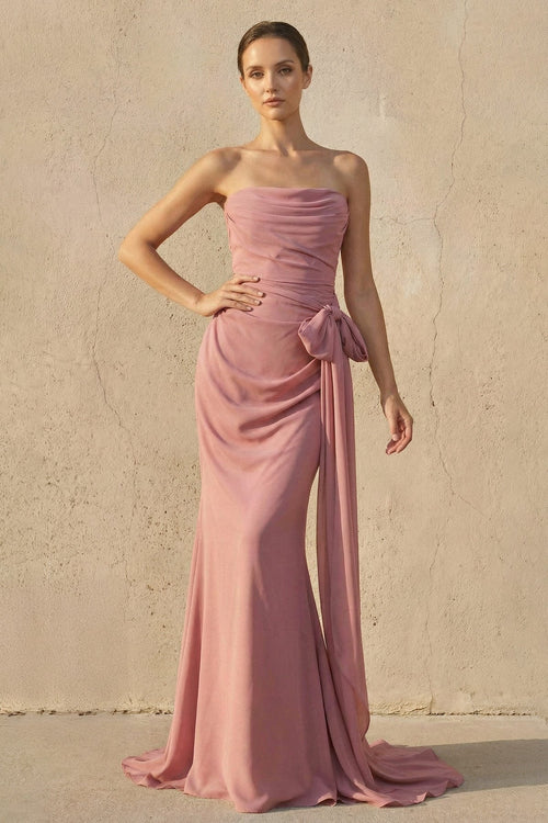 Strapless Ruched Maxi Dress With Bow in Mulberry - SHE IS ME PROM DRESSES