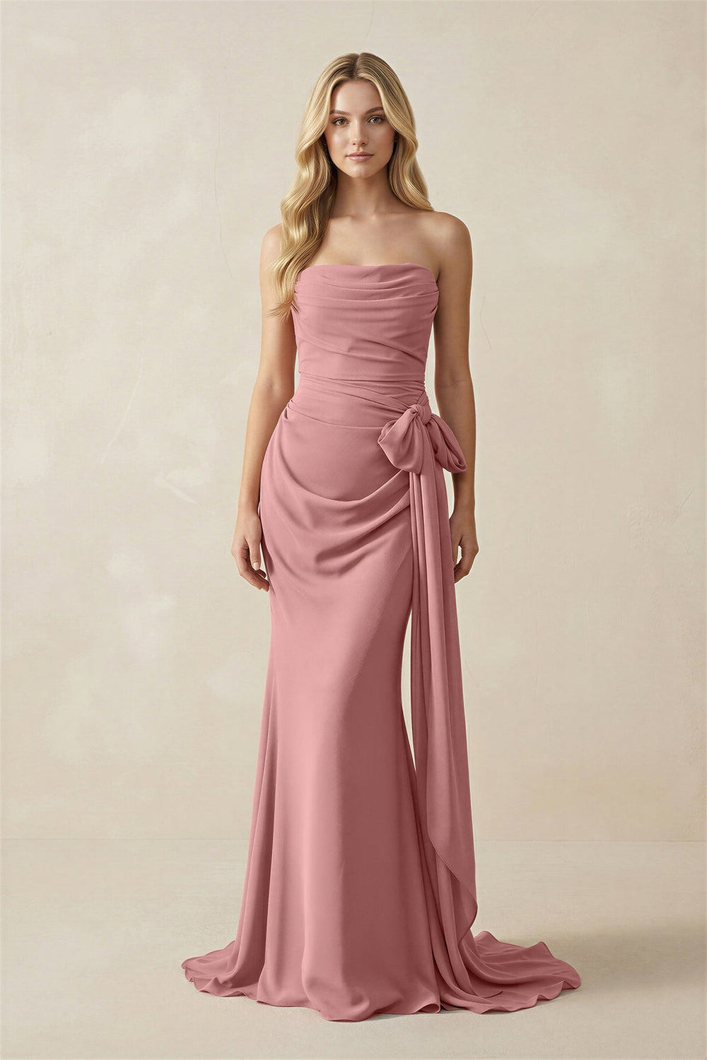 Strapless Ruched Maxi Dress With Bow in Mulberry - SHE IS ME PROM DRESSES
