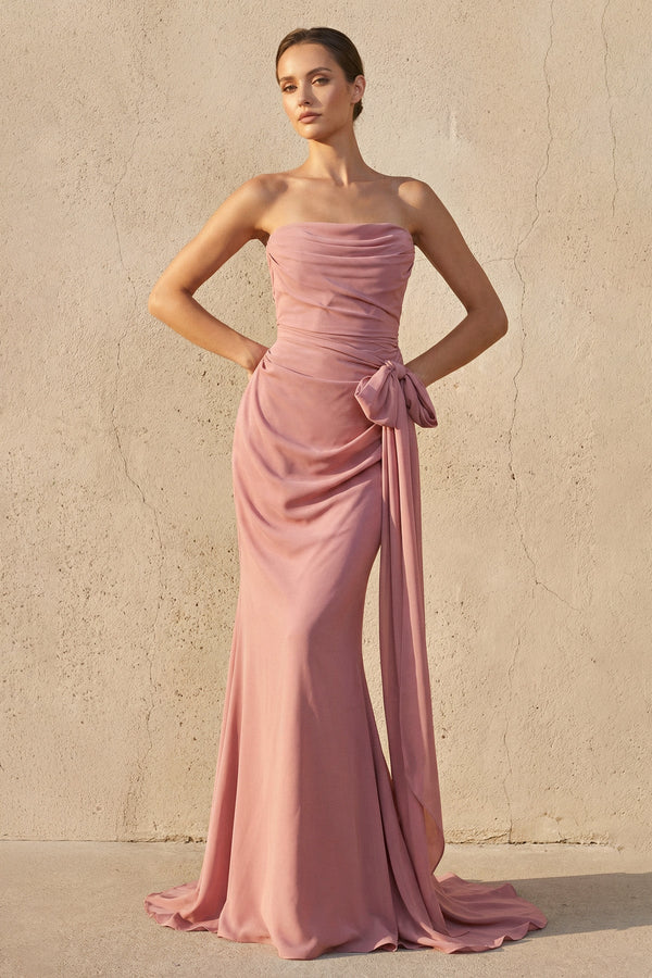 Strapless Ruched Maxi Dress With Bow in Mulberry - SHE IS ME